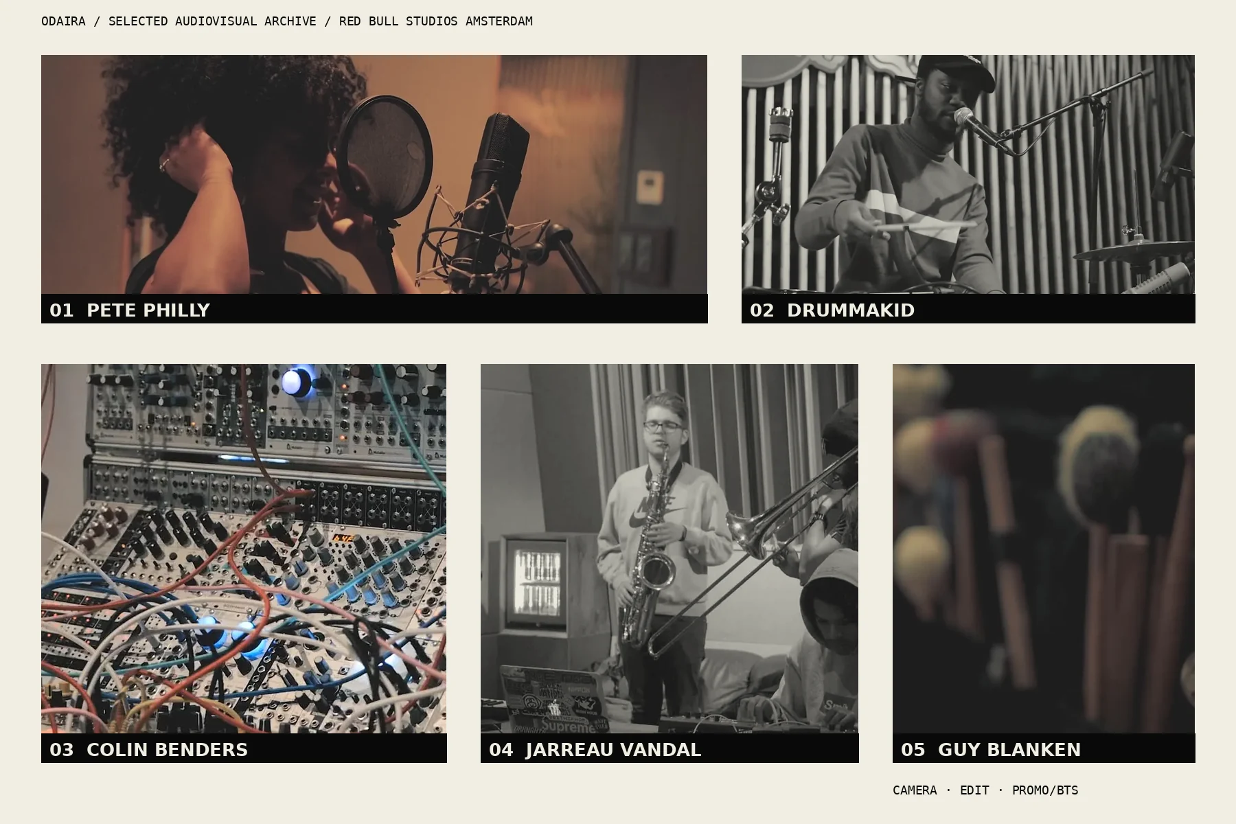 Contact sheet van geselecteerd Red Bull Studios audiovisual archive